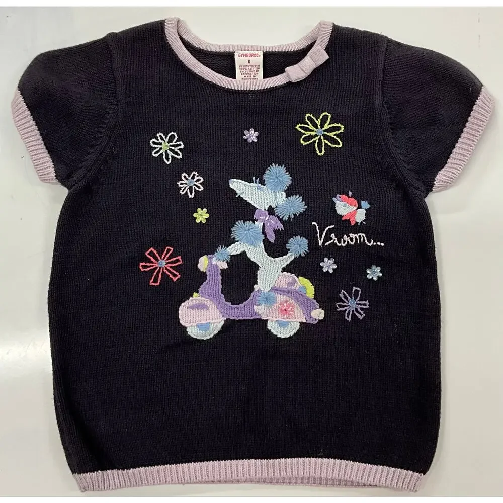 Girl's Gymboree Short Sleeve Sweater Sz 6 Navy Lilac Trim Embroidery Sequins